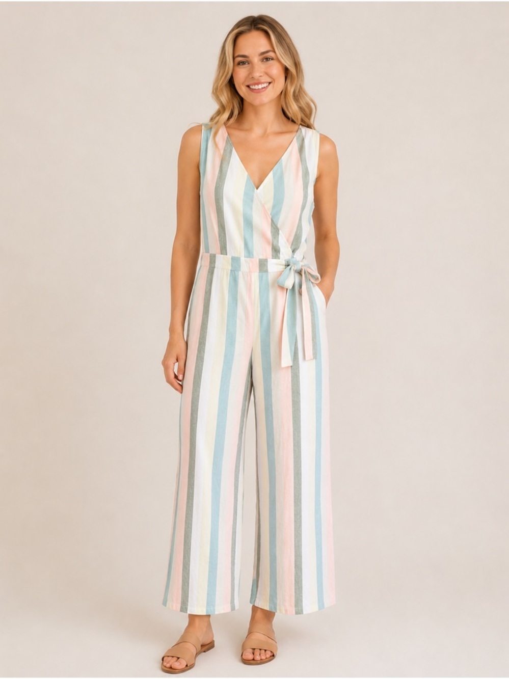 Lucky Brand Pastel Stripe Faux Wrap Jumpsuit Size XL Spring Cotton